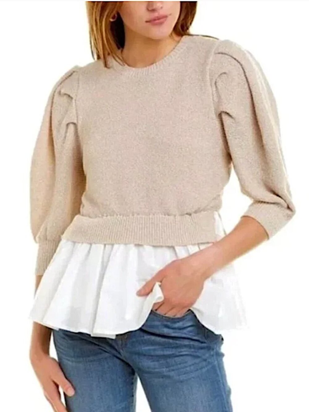 EN SAISON Mixed Media Puff Sleeve Top in Natural
